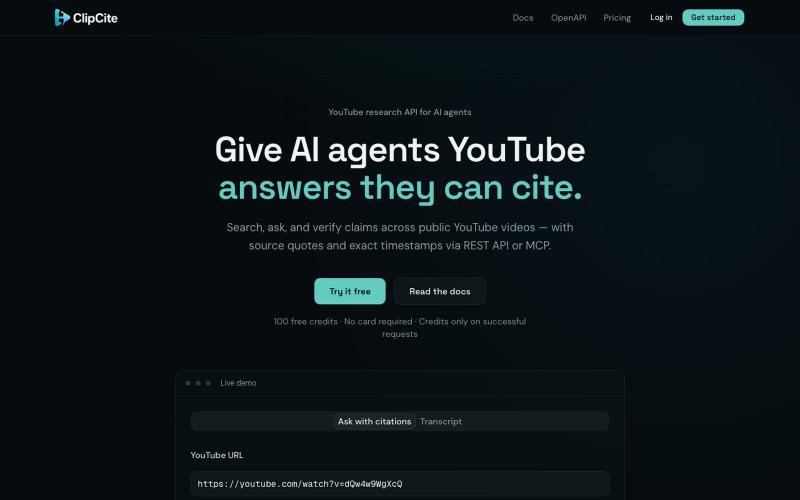 ClipCite — YouTube research API for AI agents — screenshot
