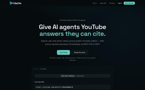ClipCite — YouTube research API for AI agents — screenshot