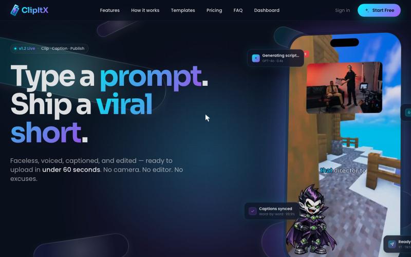 ClipItX — Turn Prompts into AI Shorts — screenshot