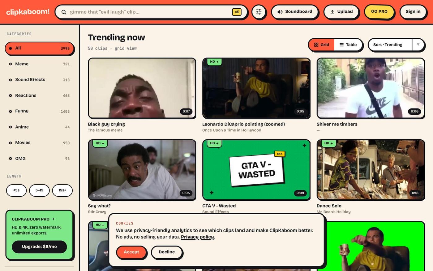 Browse reaction & meme clips — screenshot