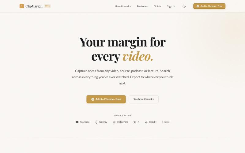 ClipMargin · Notes from every video, searchable forever — screenshot