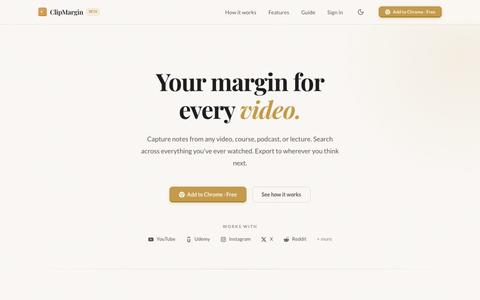 ClipMargin · Notes from every video, searchable forever — screenshot