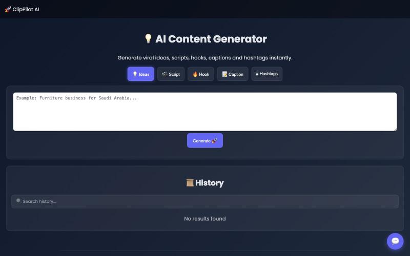 ClipPilot AI – Viral Ideas, Scripts, Hooks, Captions & Hashtags Generator — screenshot