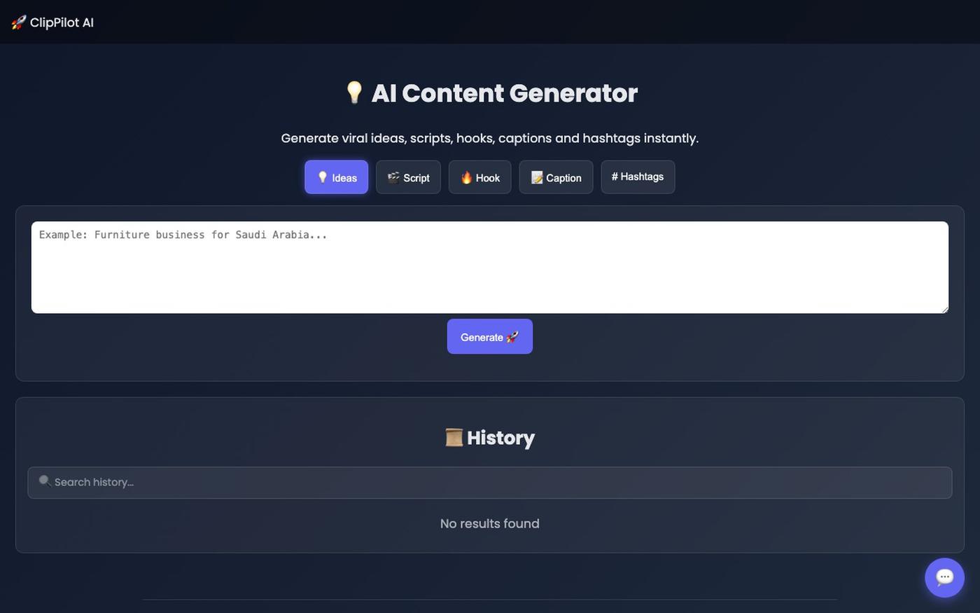 ClipPilot AI – Viral Ideas, Scripts, Hooks, Captions & Hashtags Generator — screenshot