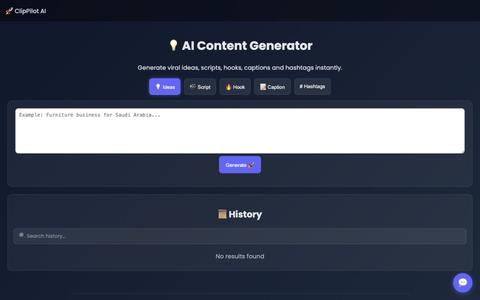 ClipPilot AI – Viral Ideas, Scripts, Hooks, Captions & Hashtags Generator — screenshot