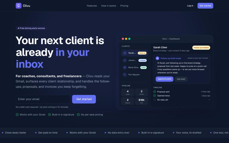 Clivu — AI-Powered CRM for Freelancers & Consultants | HoneyBook Alternative | C — screenshot