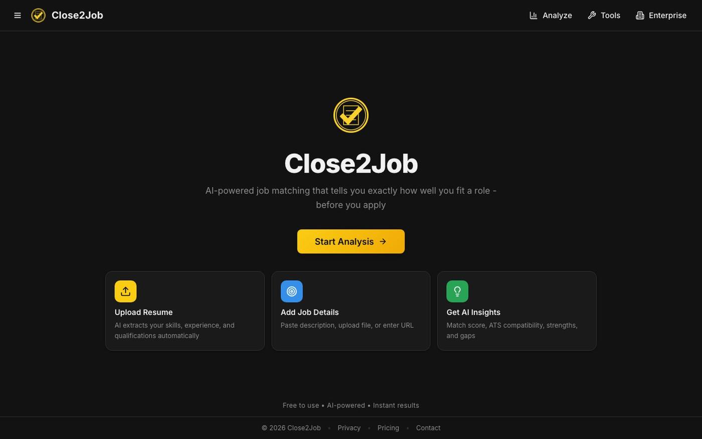 Close2Job | AI Resume Match Score & Job Analysis — screenshot