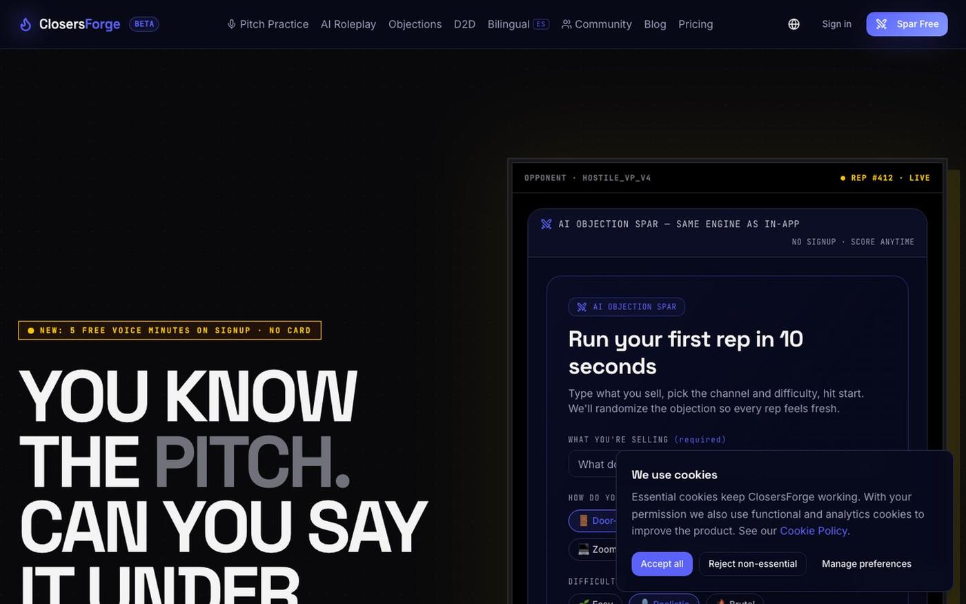 ClosersForge — 5 Free Voice Minutes On Signup. No Card. Real AI Buyer. — screenshot