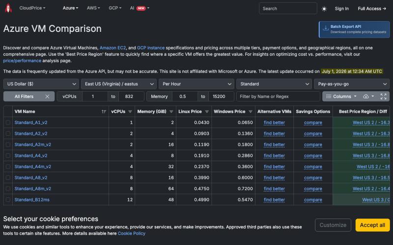 Azure VM Pricing Comparison - 700+ Virtual Machine Sizes | CloudPrice — screenshot