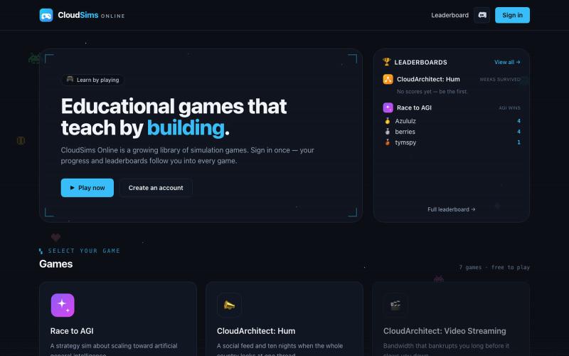 CloudSims Online — learn by building — screenshot
