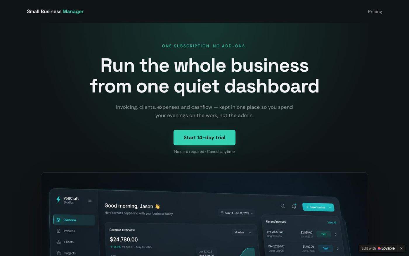 Small Business Manager — Invoicing, Clients & Cashflow — screenshot