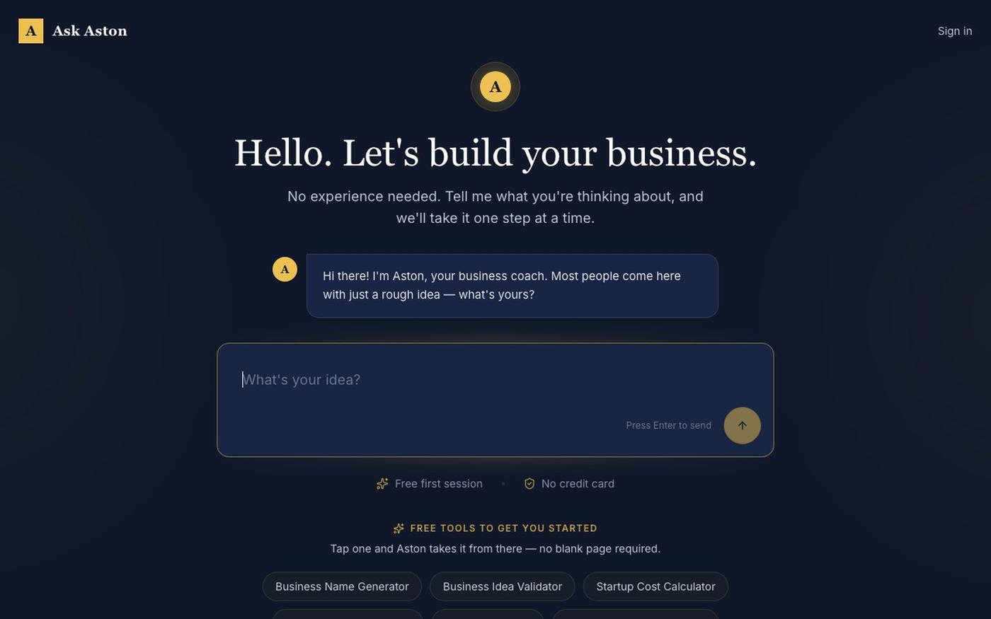 Ask Aston — Free AI Business Coach & Startup Tools for First-Time Founders — screenshot