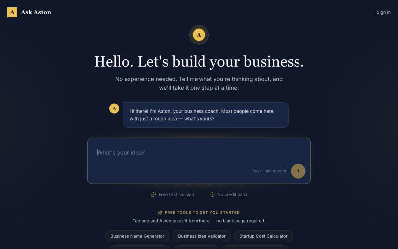 Ask Aston — Free AI Business Coach & Startup Tools for First-Time Founders — screenshot