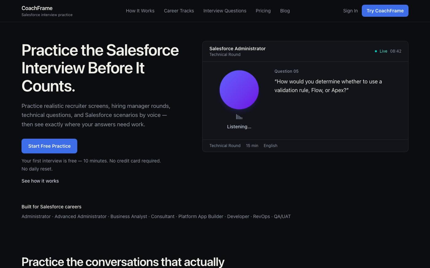 CoachFrame — Salesforce Mock Interview Practice | AI Feedback, Role Tracks & Sce — screenshot