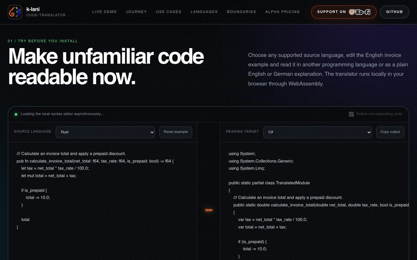 k-lani-code-translator — Read code across languages — screenshot