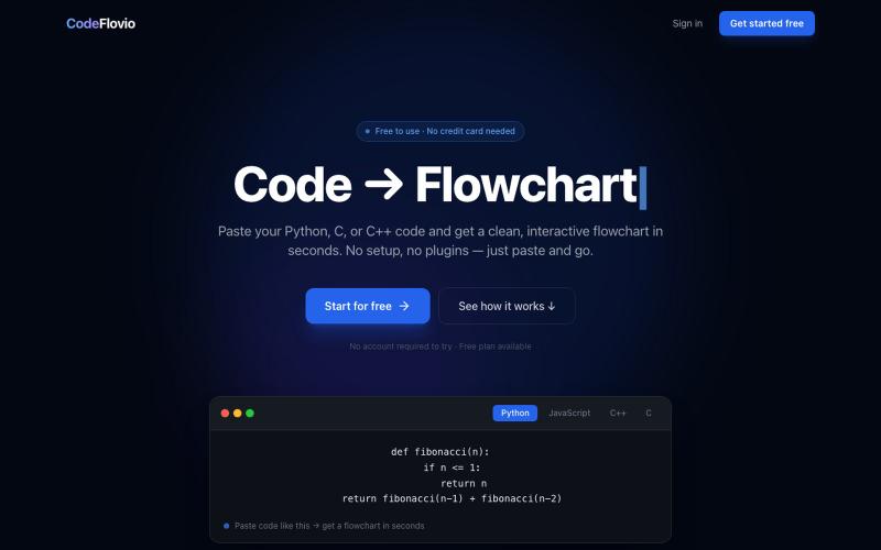 CodeFlovio | Code to Flowchart & Algorithm Visualizer Tool — screenshot