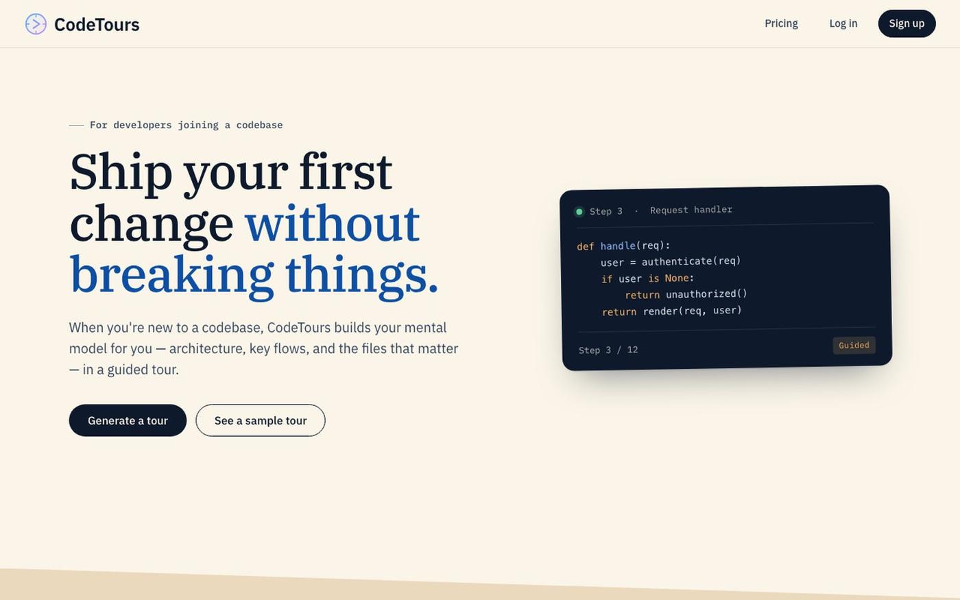 AI-Generated Codebase Tours for Developer Onboarding | CodeTours — screenshot