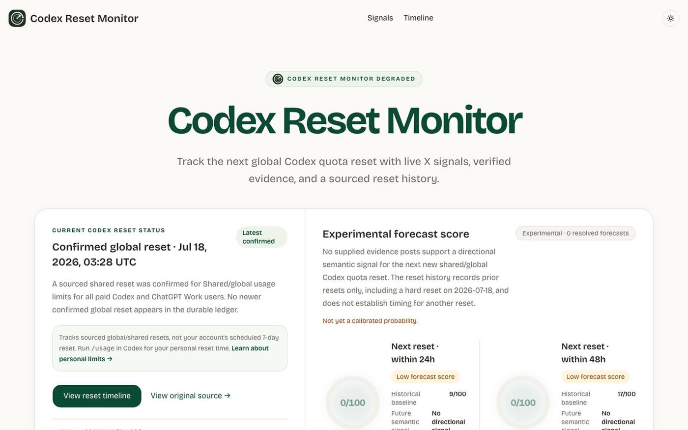 Codex Reset Monitor – Live Status & Reset Timeline — screenshot
