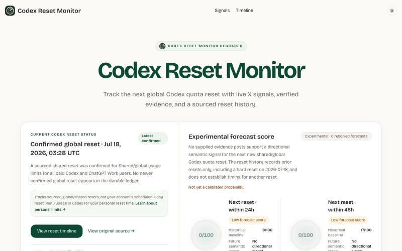 Codex Reset Monitor – Live Status & Reset Timeline — screenshot