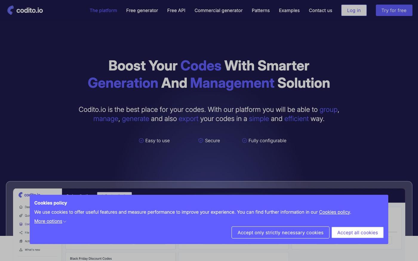 Code generation and management platform | codito.io — screenshot