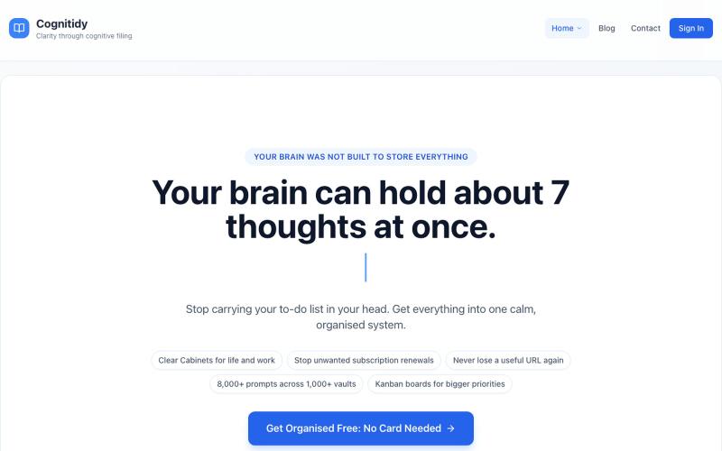Your brain can hold about 7 thoughts at once. Cognitidy Holds the Rest — screenshot