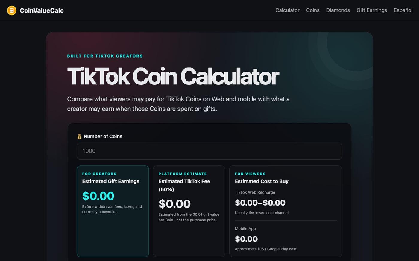 TikTok Coin Calculator — Cost & Creator Earnings (2026) — screenshot