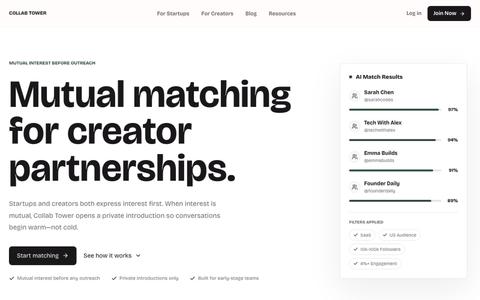 Creator Matching Platform for Startups | Collab Tower — screenshot