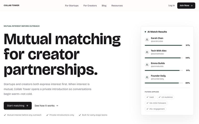Creator Matching Platform for Startups | Collab Tower — screenshot