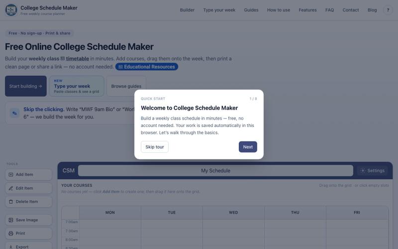 Free College Schedule Maker — Weekly Class Timetable Online — screenshot