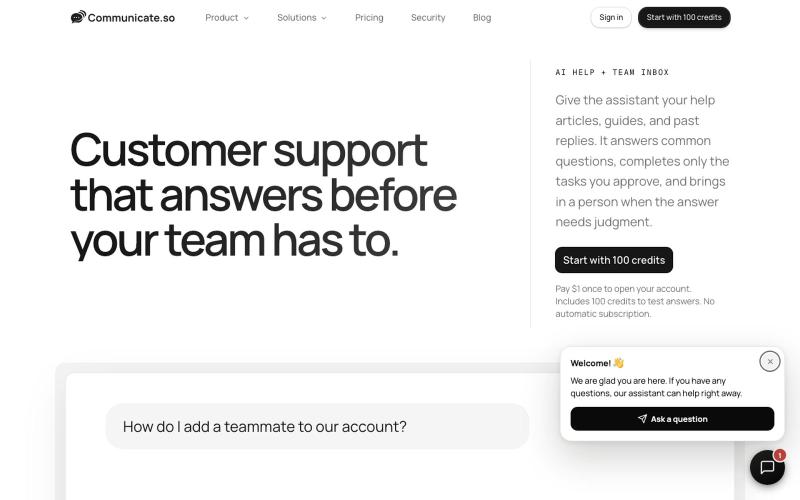 Customer support that answers before your team has to · Communicate — screenshot