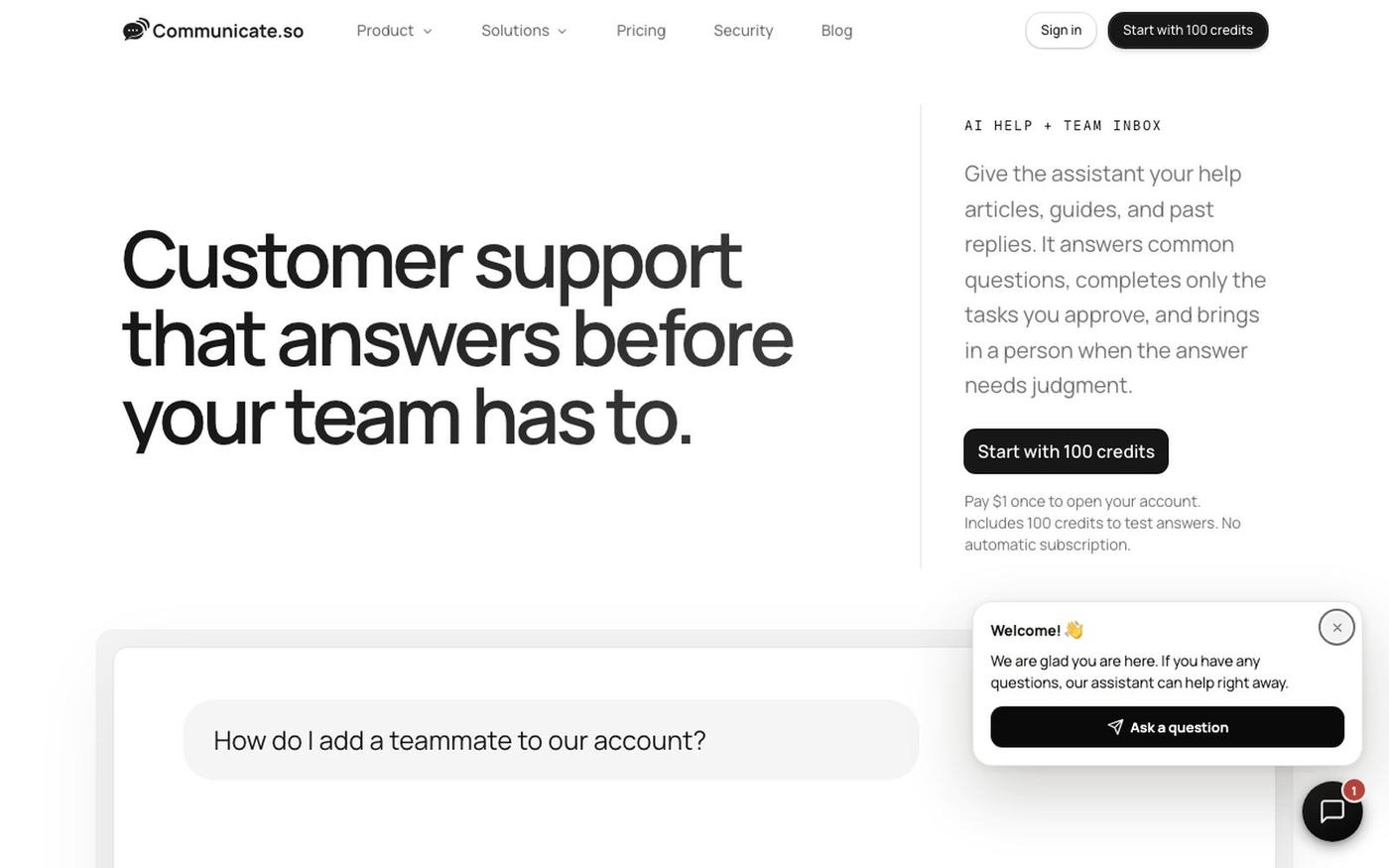 Customer support that answers before your team has to · Communicate — screenshot