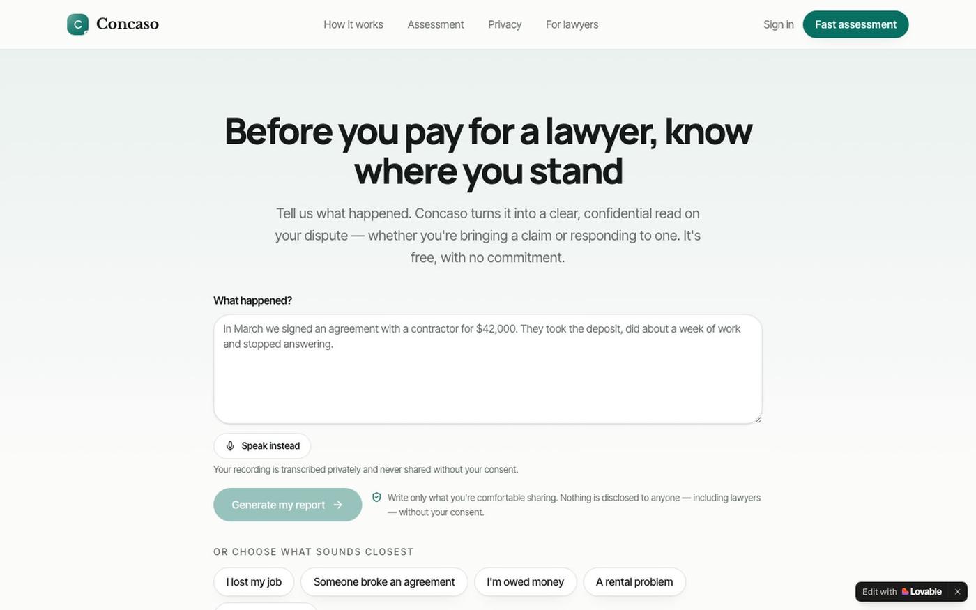 Concaso — Find Out If Your Legal Claim Is Worth Pursuing — screenshot