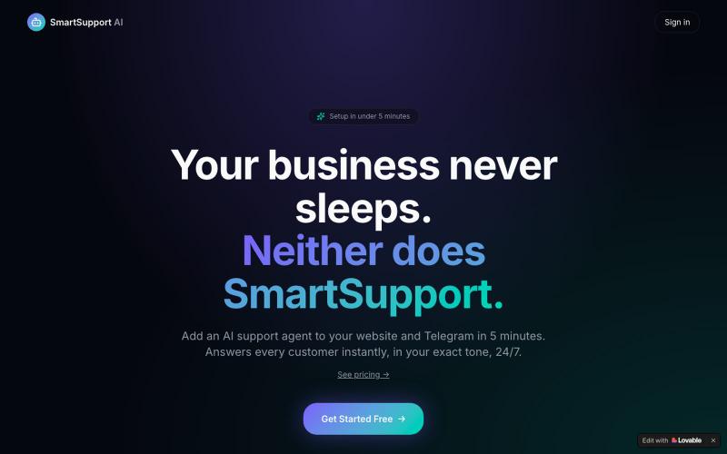 SmartSupport AI — 24/7 AI Customer Support for Website & Telegram — screenshot