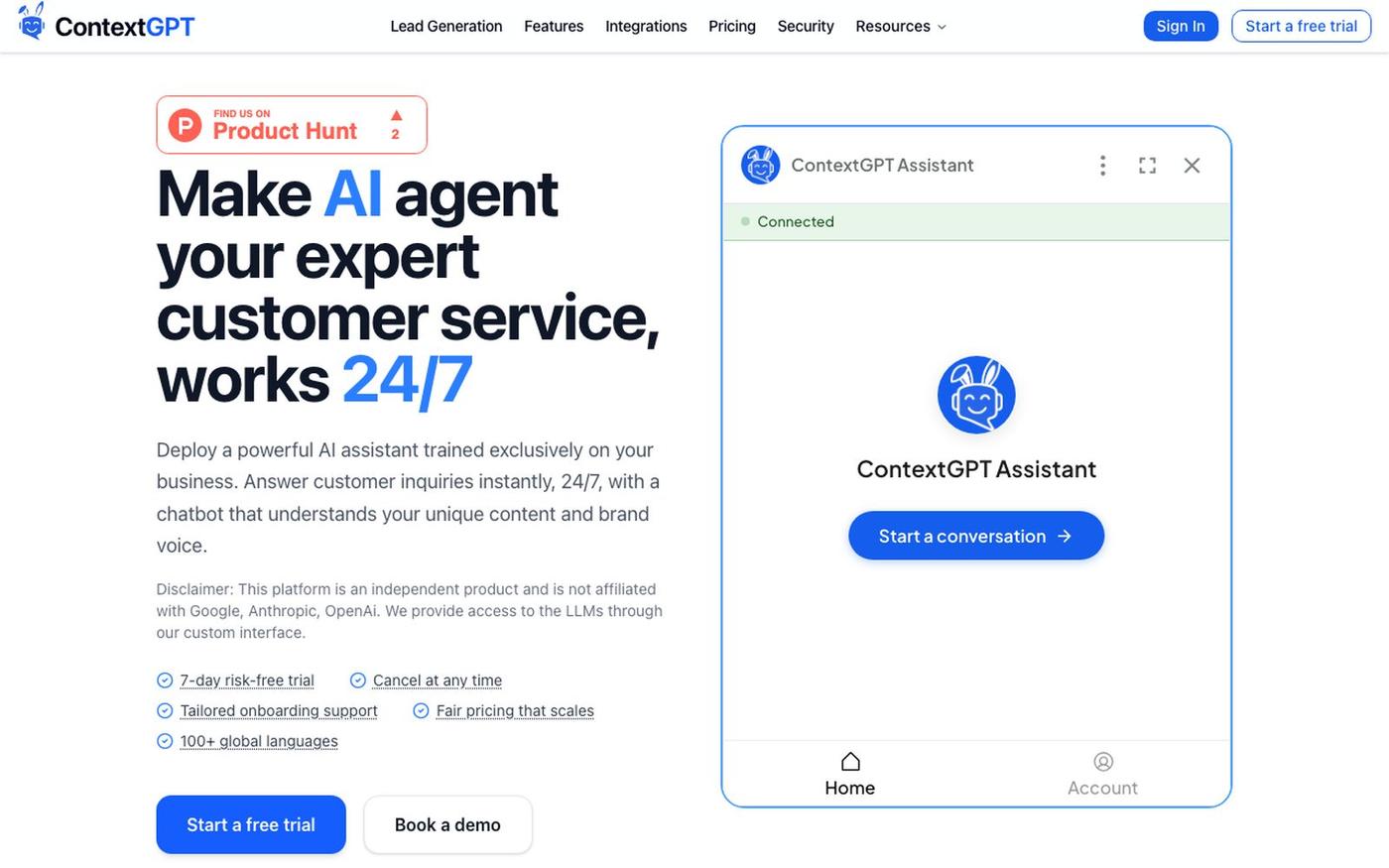 ContextGPT | AI Chatbot for Your Website — screenshot