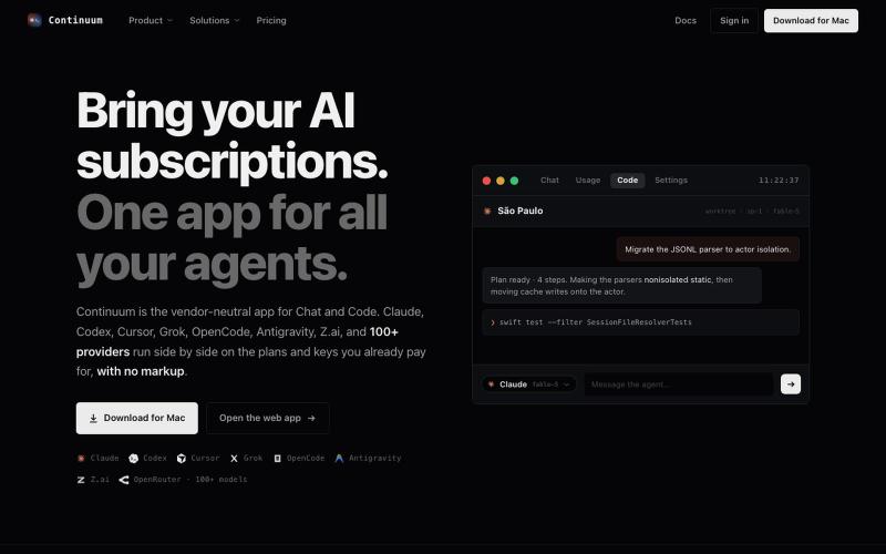 Continuum - Bring your AI subscriptions. One app for all your agents. — screenshot