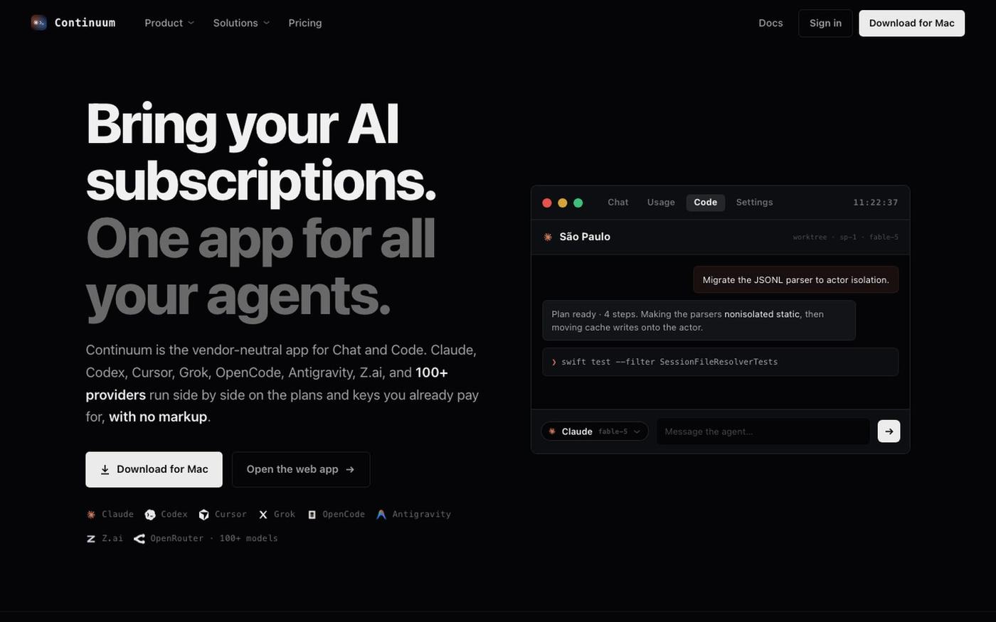 Continuum - Bring your AI subscriptions. One app for all your agents. — screenshot