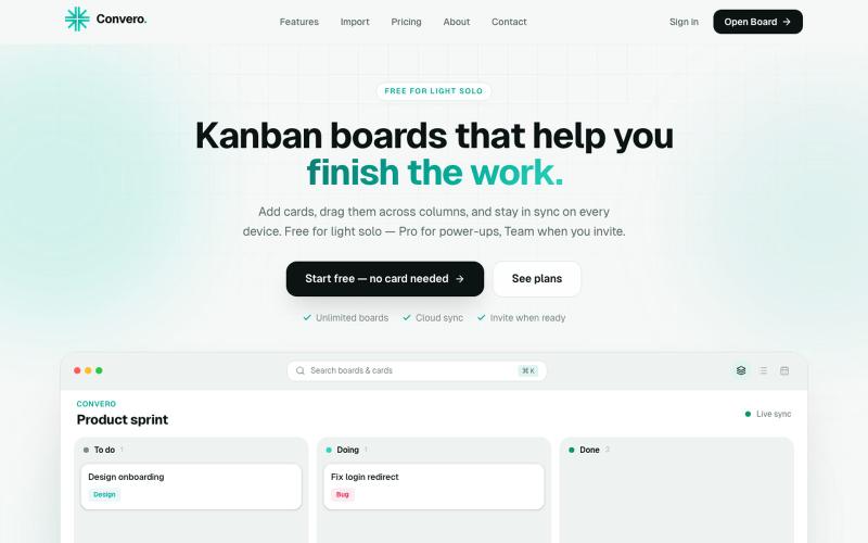 Convero — simple Kanban boards for solo and teams — screenshot