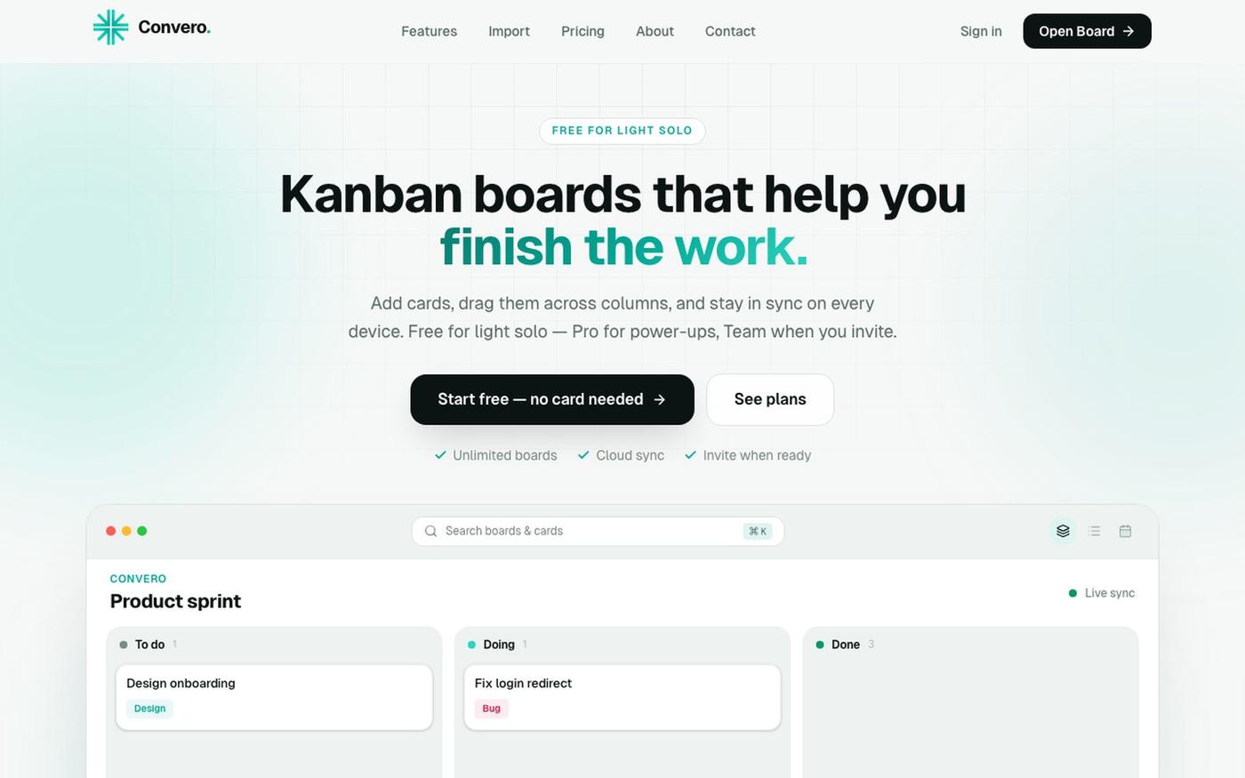 Convero — simple Kanban boards for solo and teams — screenshot