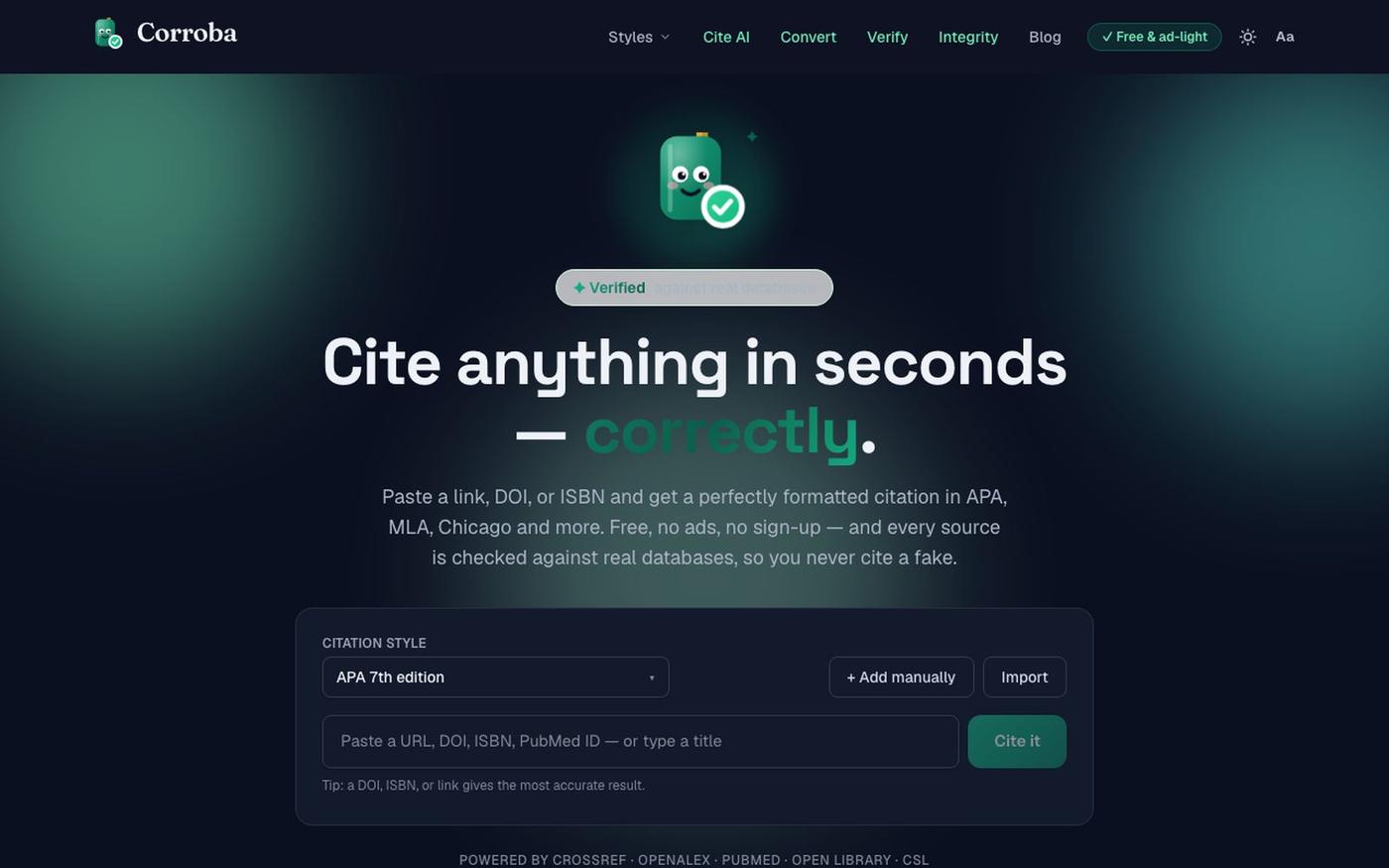 Corroba — Free, accurate citation generator (APA, MLA, Chicago & more) — screenshot
