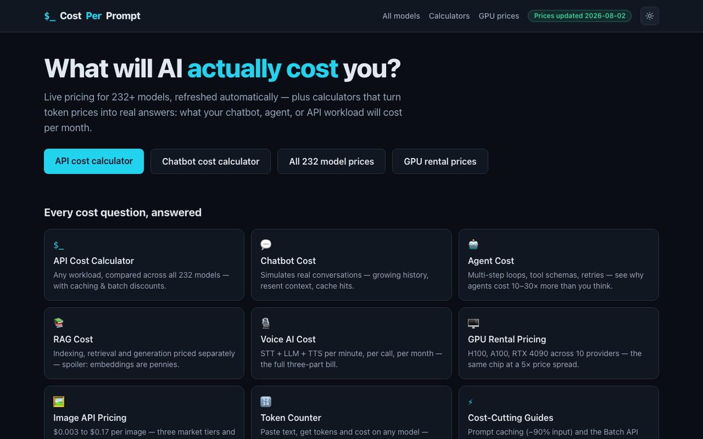 CostPerPrompt — Live AI API Pricing & LLM Cost Calculators — screenshot