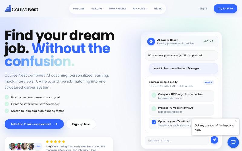 CourseNest | AI Career Coach, Courses, CV Builder, Interviews, and Jobs — screenshot