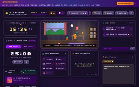 Cozy Browser - Aesthetic Lo-Fi New Tab & Pomodoro Focus Timer — screenshot