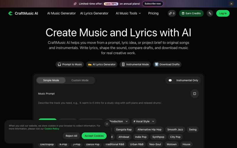 CraftMusic AI | Create Music and Lyrics Online — screenshot