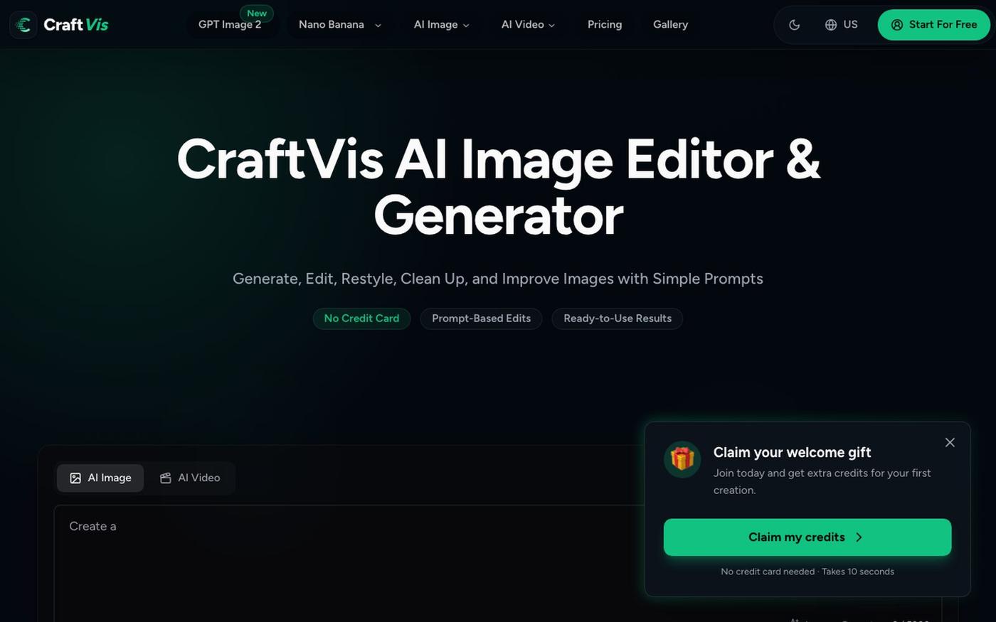Free Online AI Image Editor & Generator | CraftVis — screenshot