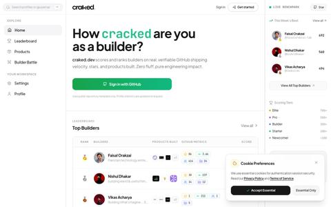 craked.dev — Developer Shipping Velocity & Cracked Score — screenshot