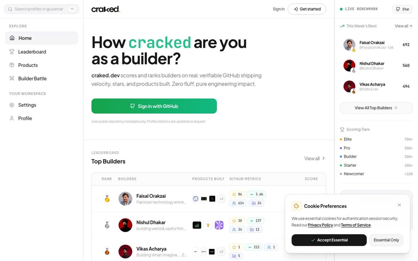 craked.dev — Developer Shipping Velocity & Cracked Score — screenshot