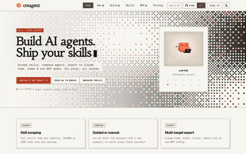 creagent — build AI agents, ship your skills — screenshot
