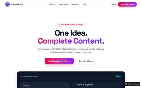 CreatorKit AI — One Idea. Complete Content for Creators. — screenshot