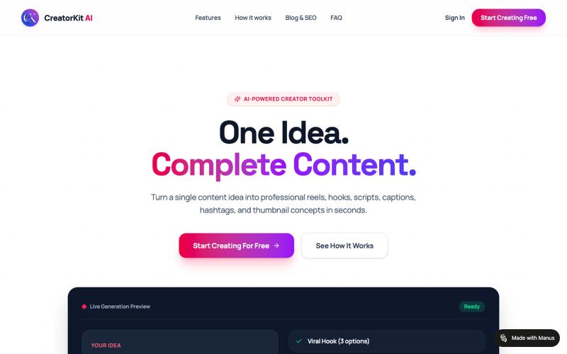 CreatorKit AI — One Idea. Complete Content for Creators. — screenshot