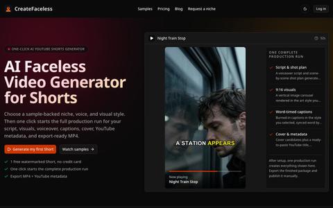AI Faceless Video Generator for Shorts | CreateFaceless — screenshot